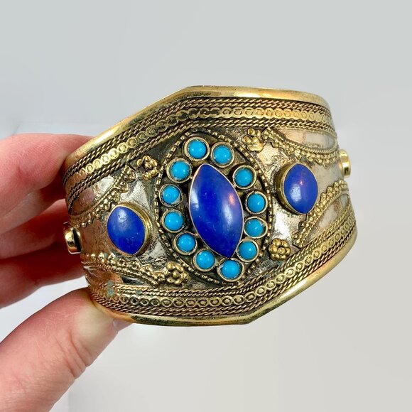Vintage Afghan Bracelet: Middle Eastern Kuchi Blue Turquoise Silver Brass Glass - Picture 1 of 5